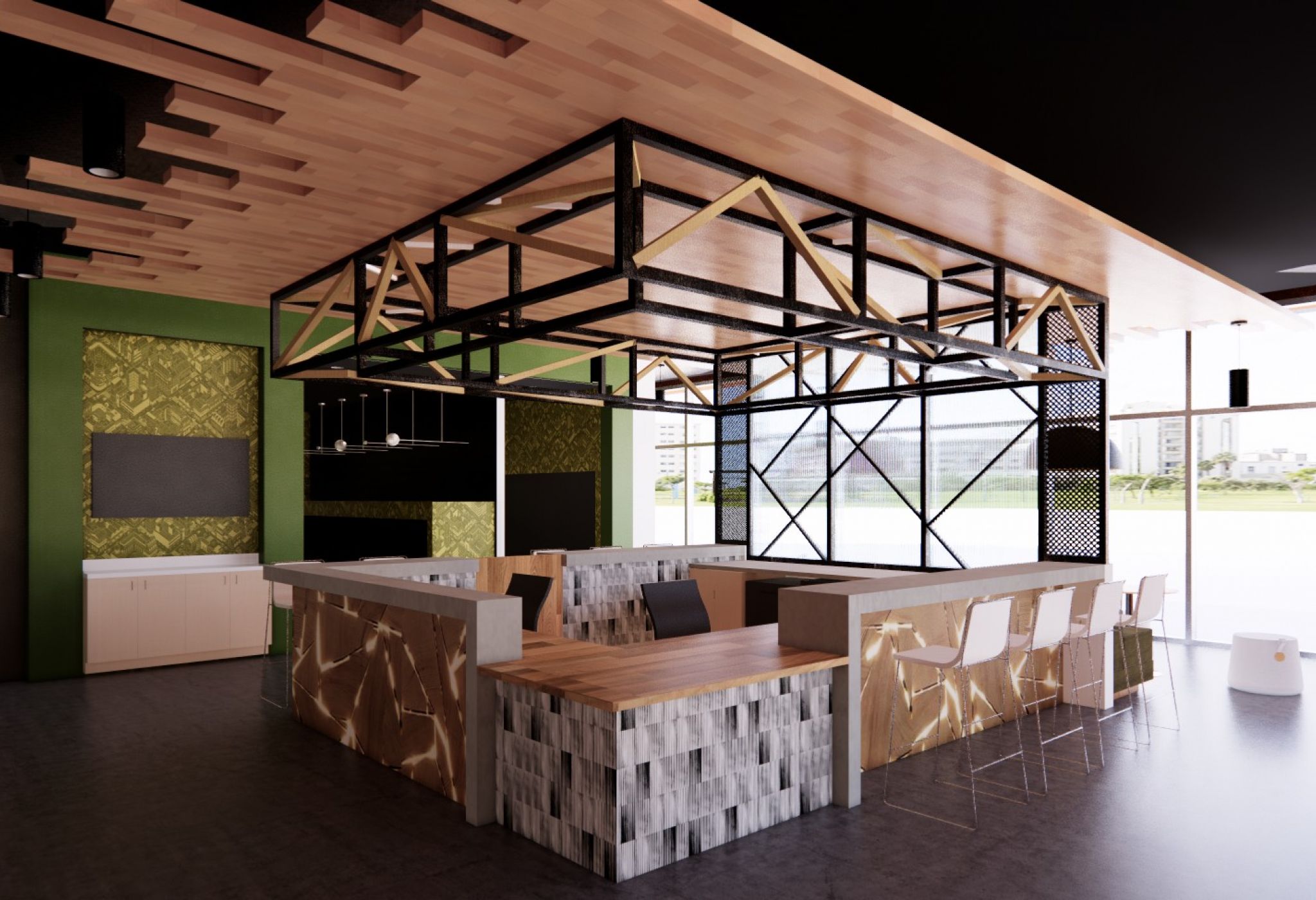 Modern café interior with a central island, high chairs, geometric décor, and large windows offering an outdoor view that enhances the café's unique identity.