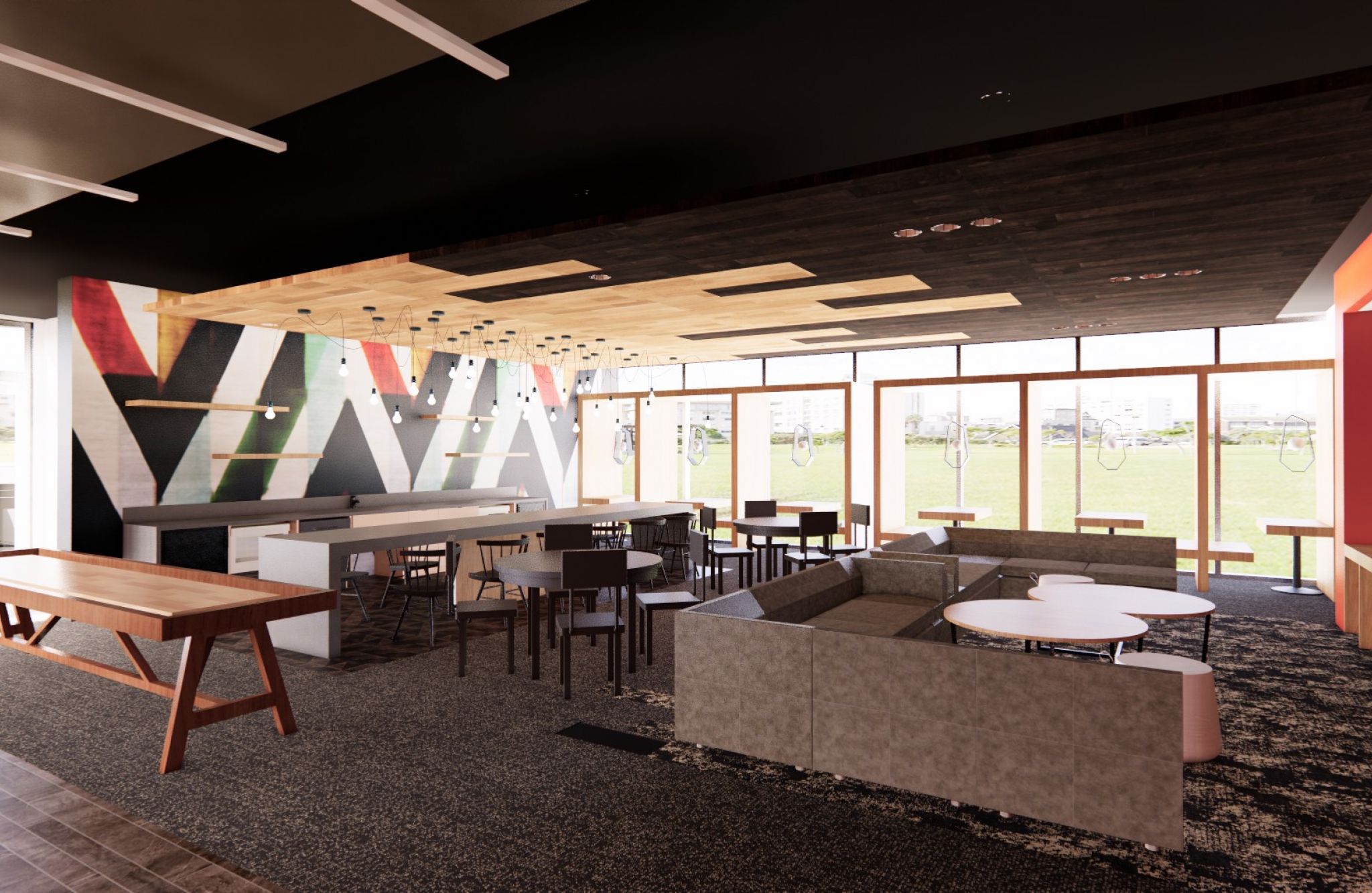 Modern lounge with a mix of tables, chairs, and sofas, vibrant geometric wall art reflecting its unique identity, and large windows overlooking greenery.
