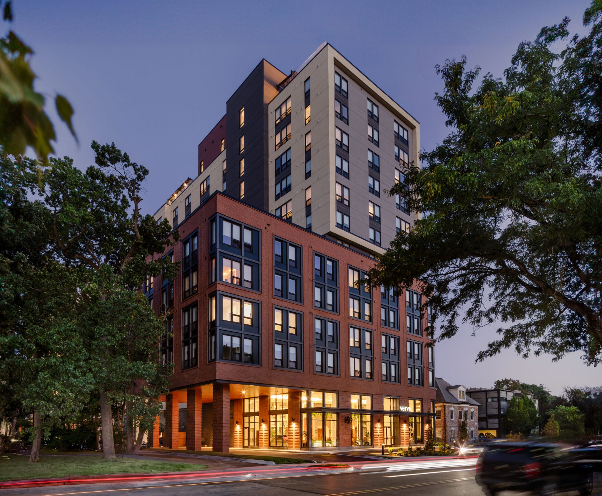 VERVE Ann Arbor student apartments building exterior at twilight