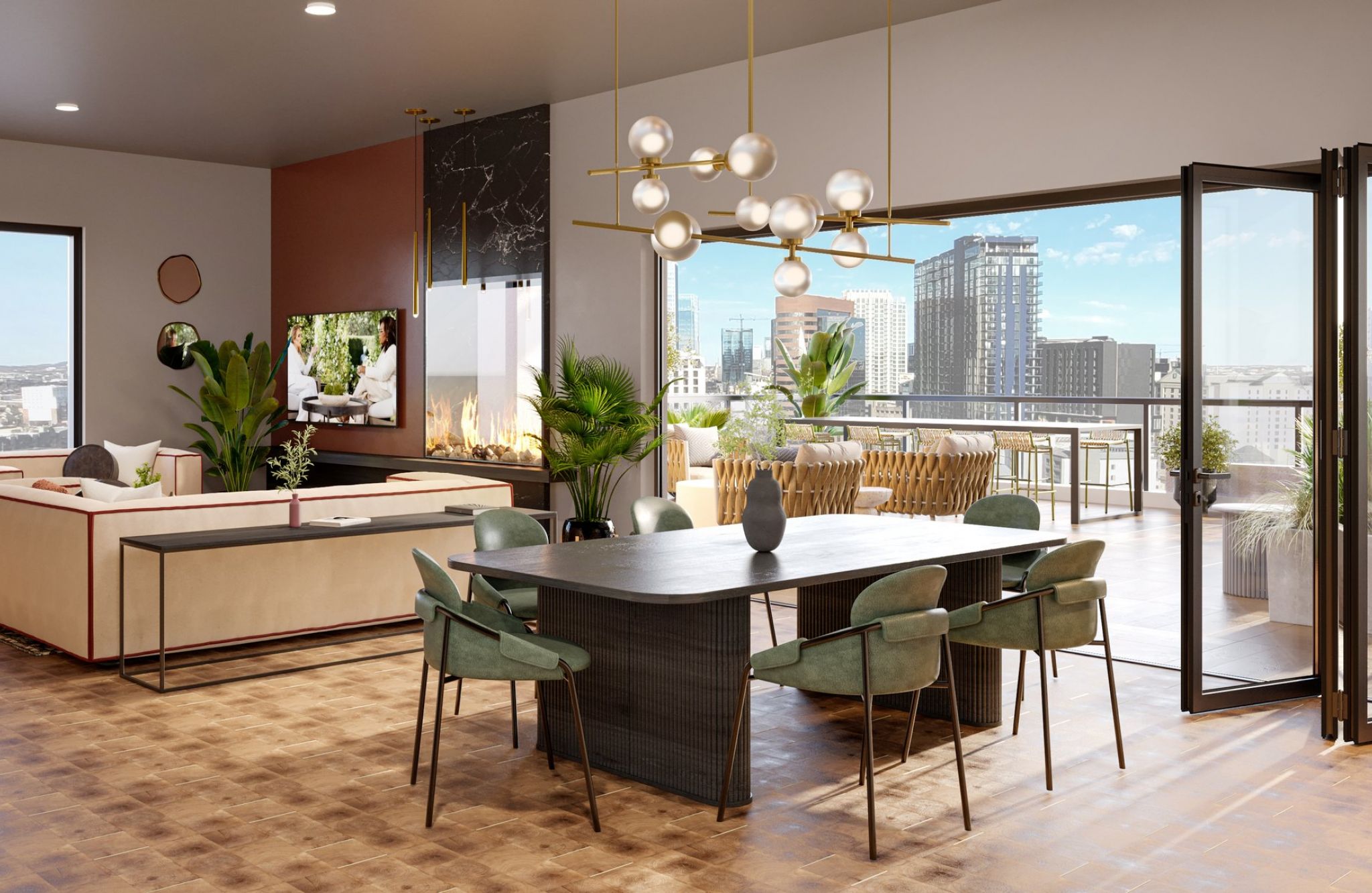 Modern interior featuring an open-plan living and dining area. The space includes a dark wooden dining table with green chairs, a cozy seating area with beige sofas, large windows with city views, and folding glass doors opening to a spacious balcony.