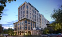 VERVE Ann Arbor student apartments building exterior at twilight