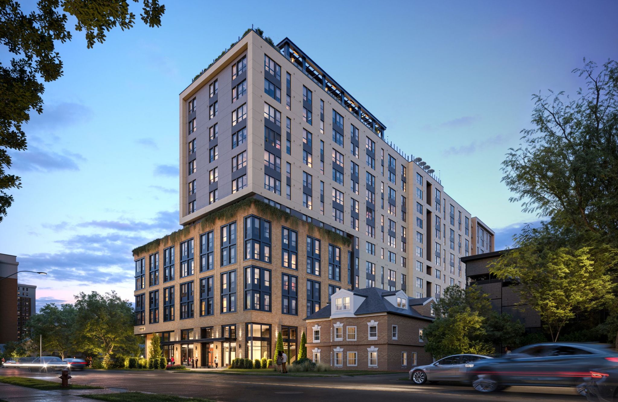 VERVE Ann Arbor student apartments building exterior at twilight