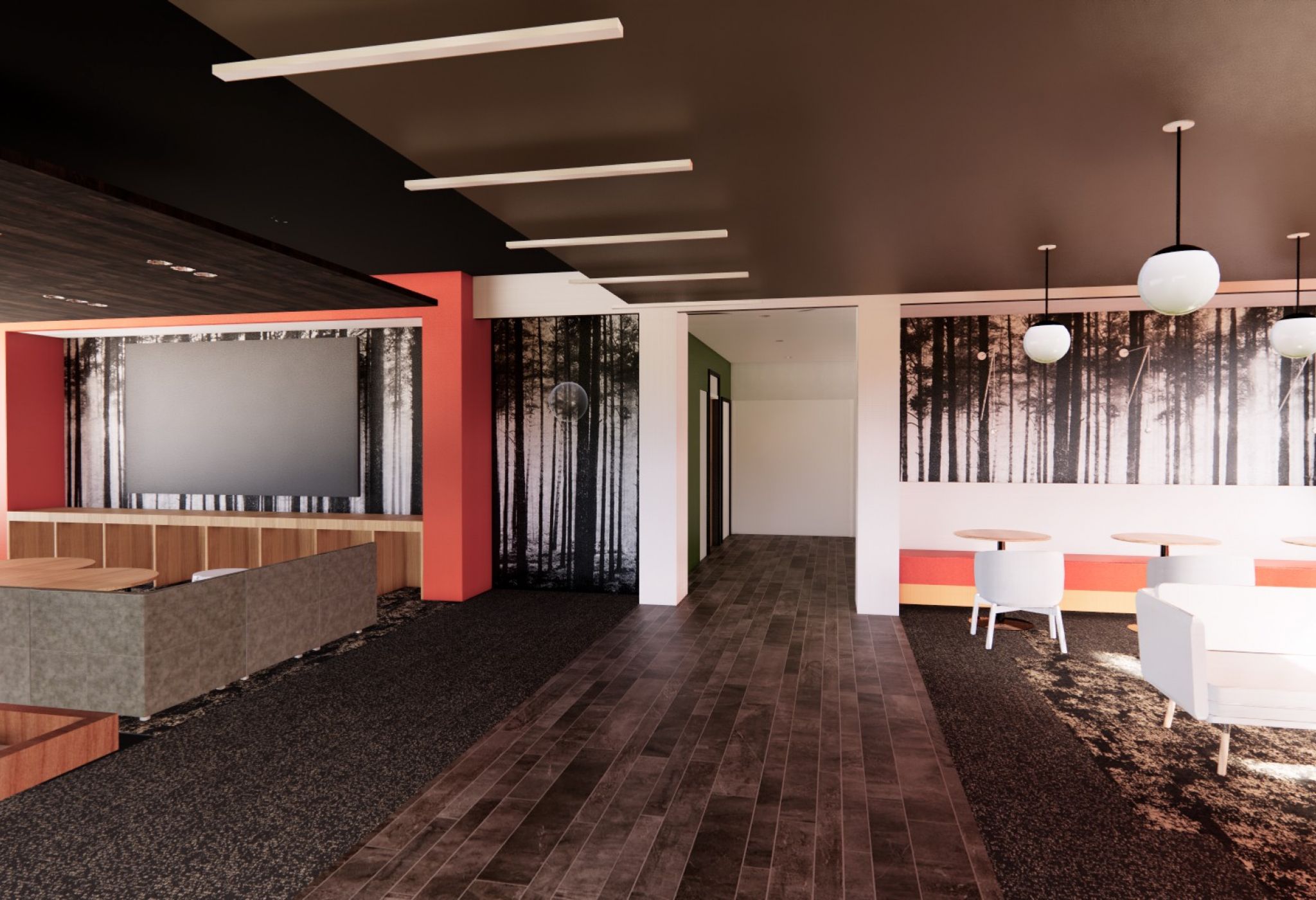 A modern lobby area with forest-themed wall art, seating areas, dark wood flooring, and hanging globe lights that create a unique identity.