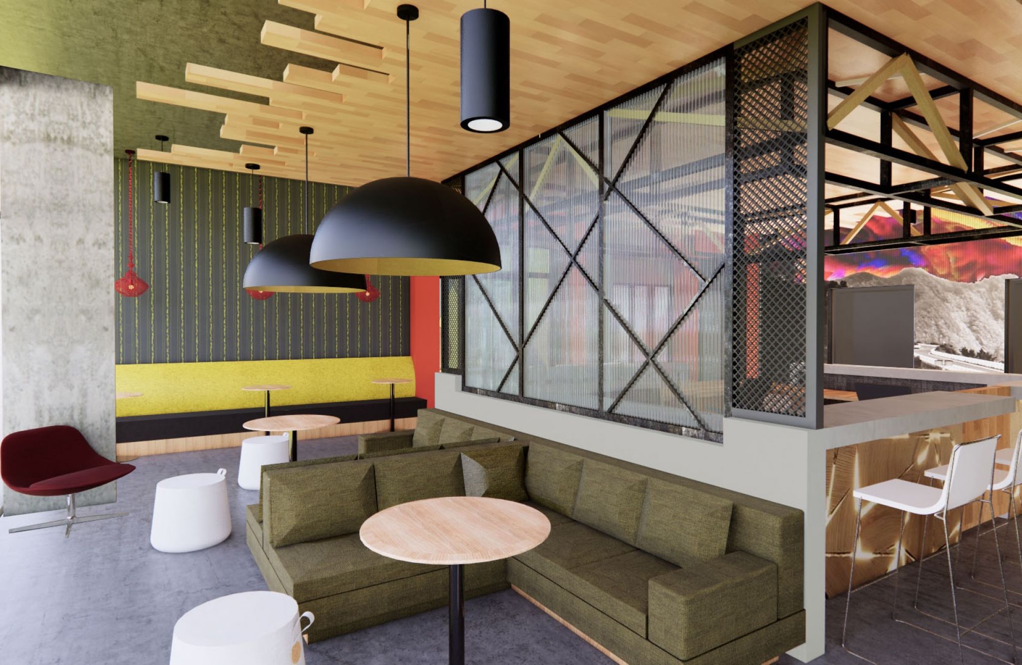 Contemporary cafe with a unique identity, featuring green couches, round tables, black pendant lights, and modern decor with bright accents.