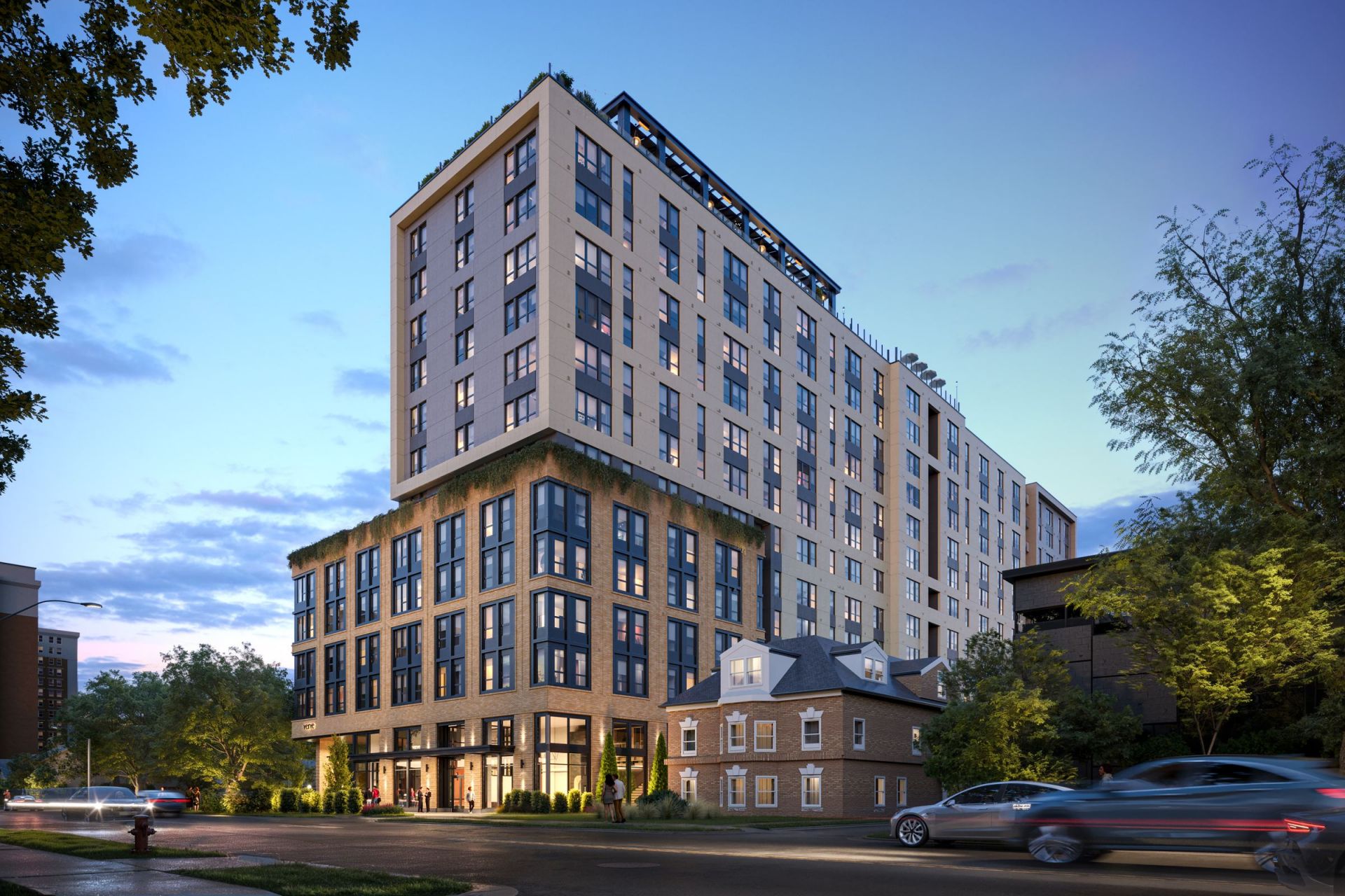 VERVE Ann Arbor student apartments building exterior at twilight