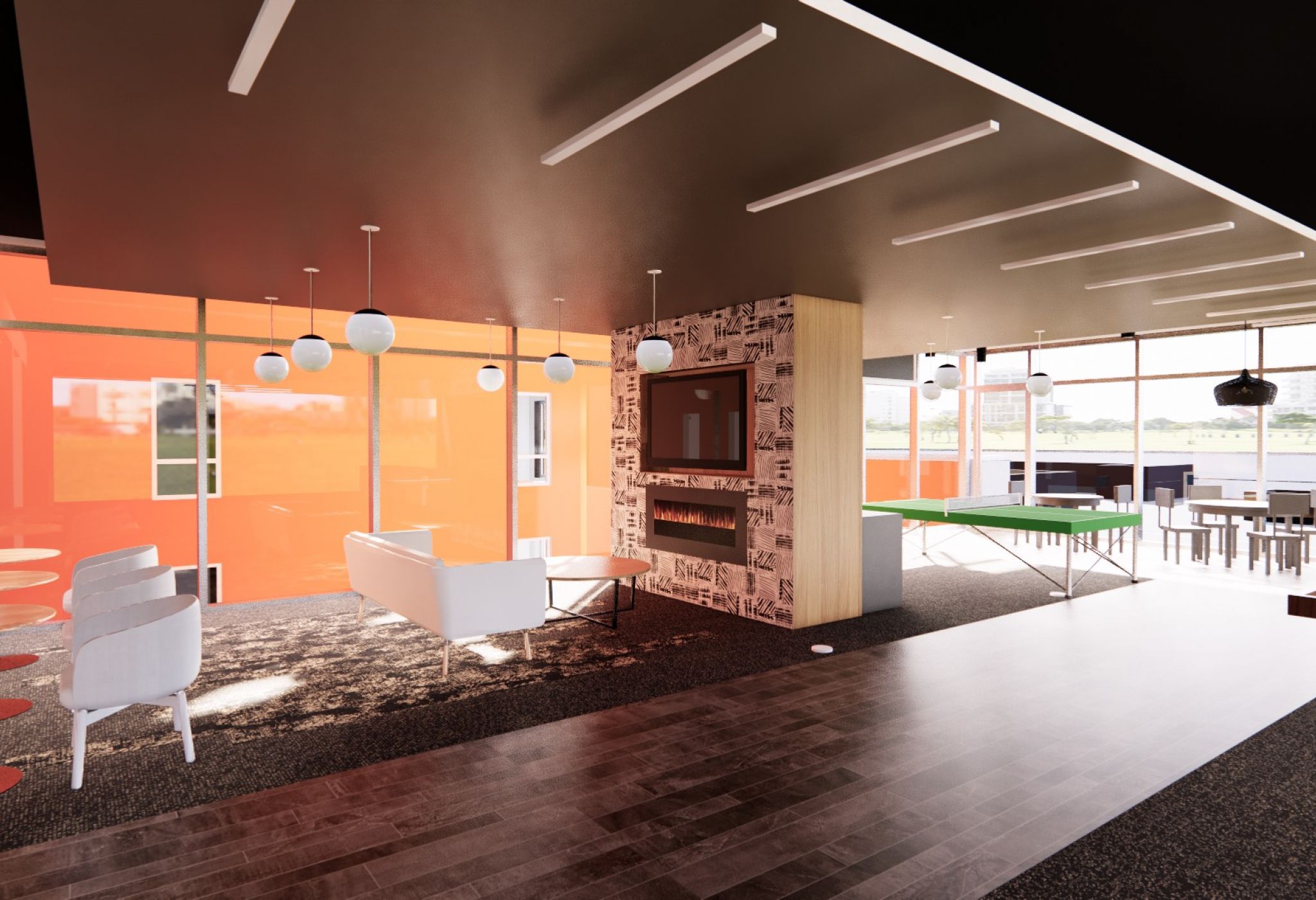 Modern lounge with a strong sense of identity featuring a seating area, hanging lights, fireplace, table tennis table, and floor-to-ceiling windows.