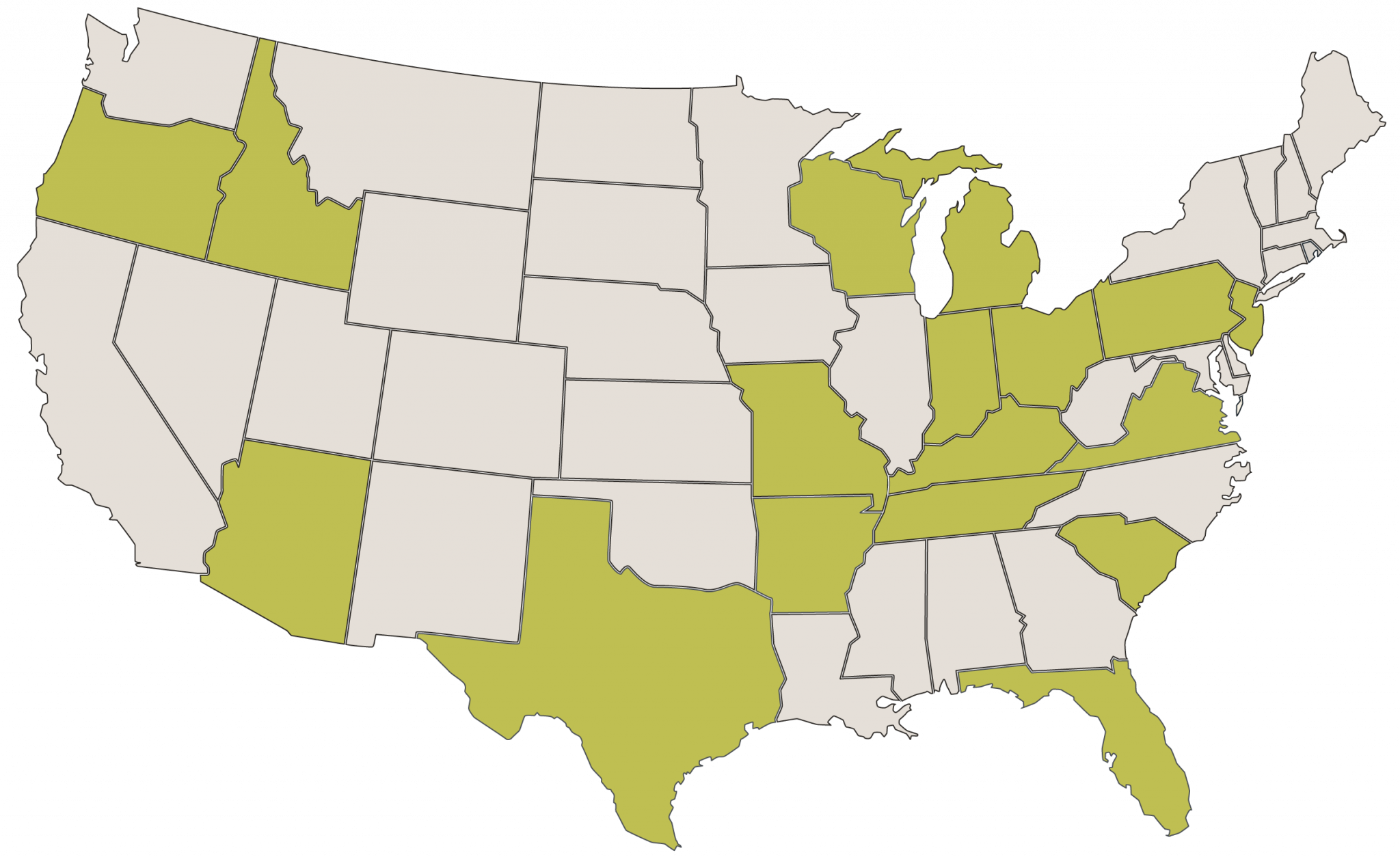 U.S. map highlighting select states in green where Subtext has properties, including California, Texas, Pennsylvania, Illinois, Michigan, and others.