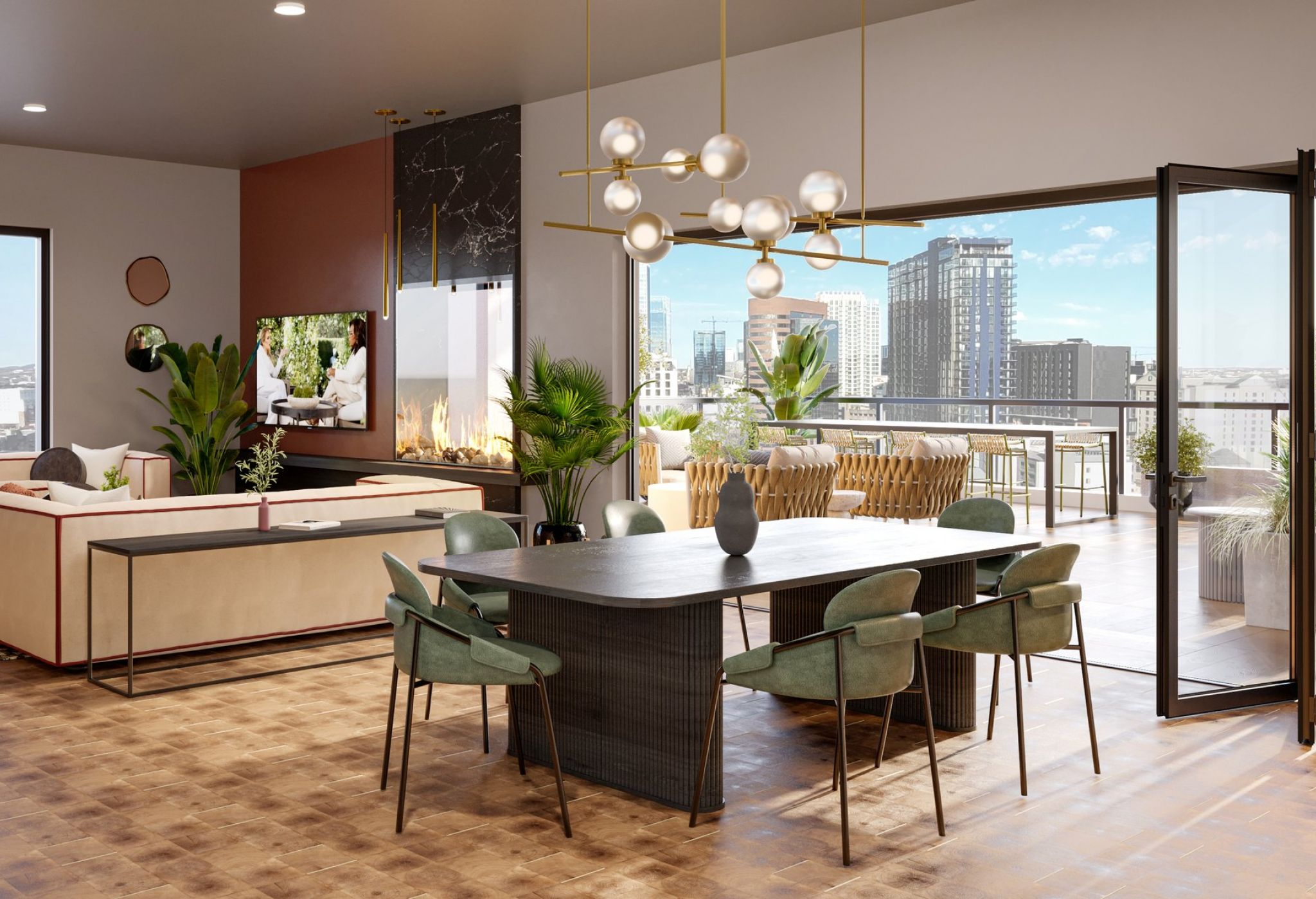 A modern, open-concept living space with a view of the Nashville skyline. The room features a dining area with a dark wooden table and green chairs, a cozy seating area with beige sofas, large windows, indoor plants, and a foldable glass wall opening to a spacious balcony.