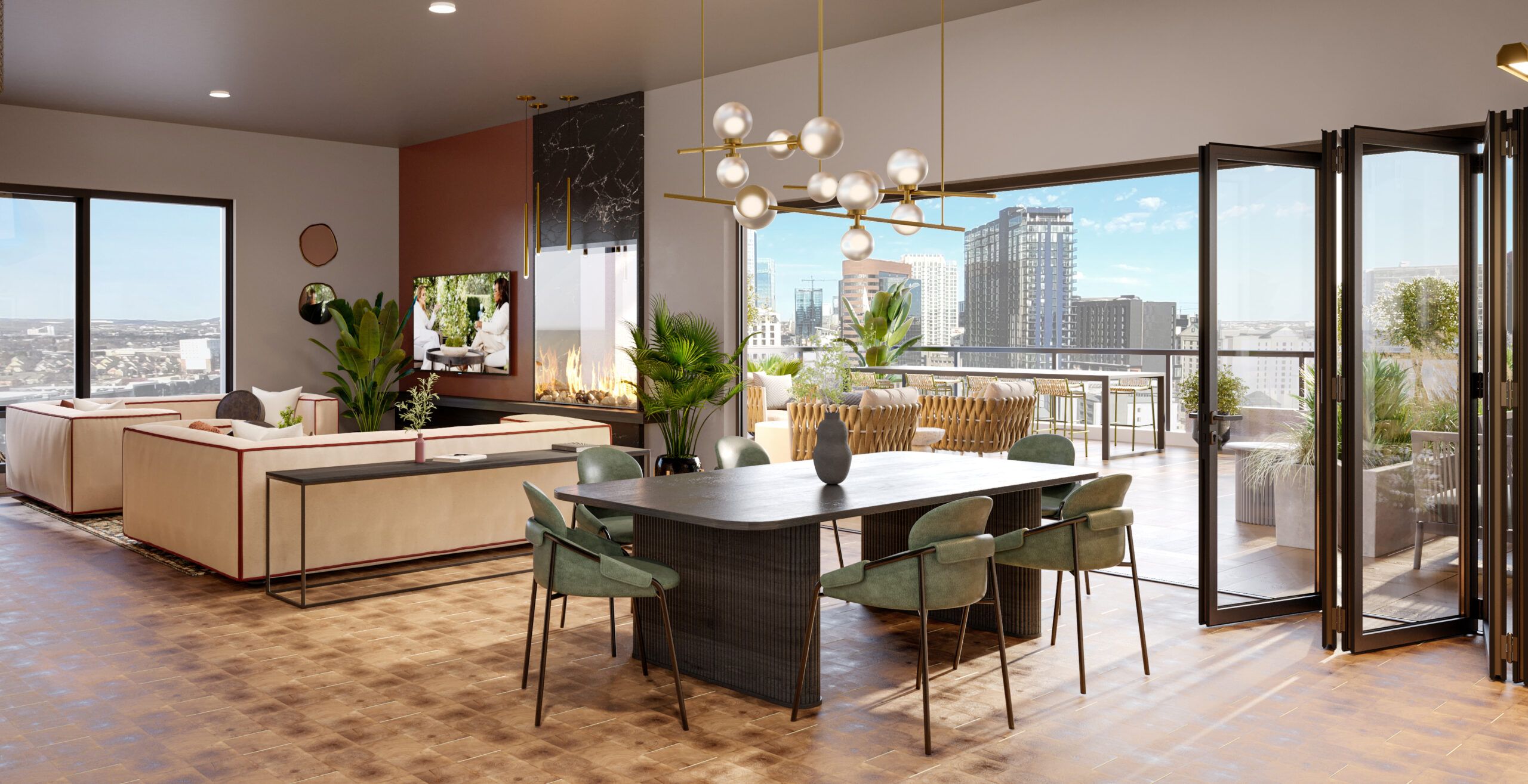 Luxurious Subtext Living with modern furniture, large windows, and a cityscape view from the balcony.
