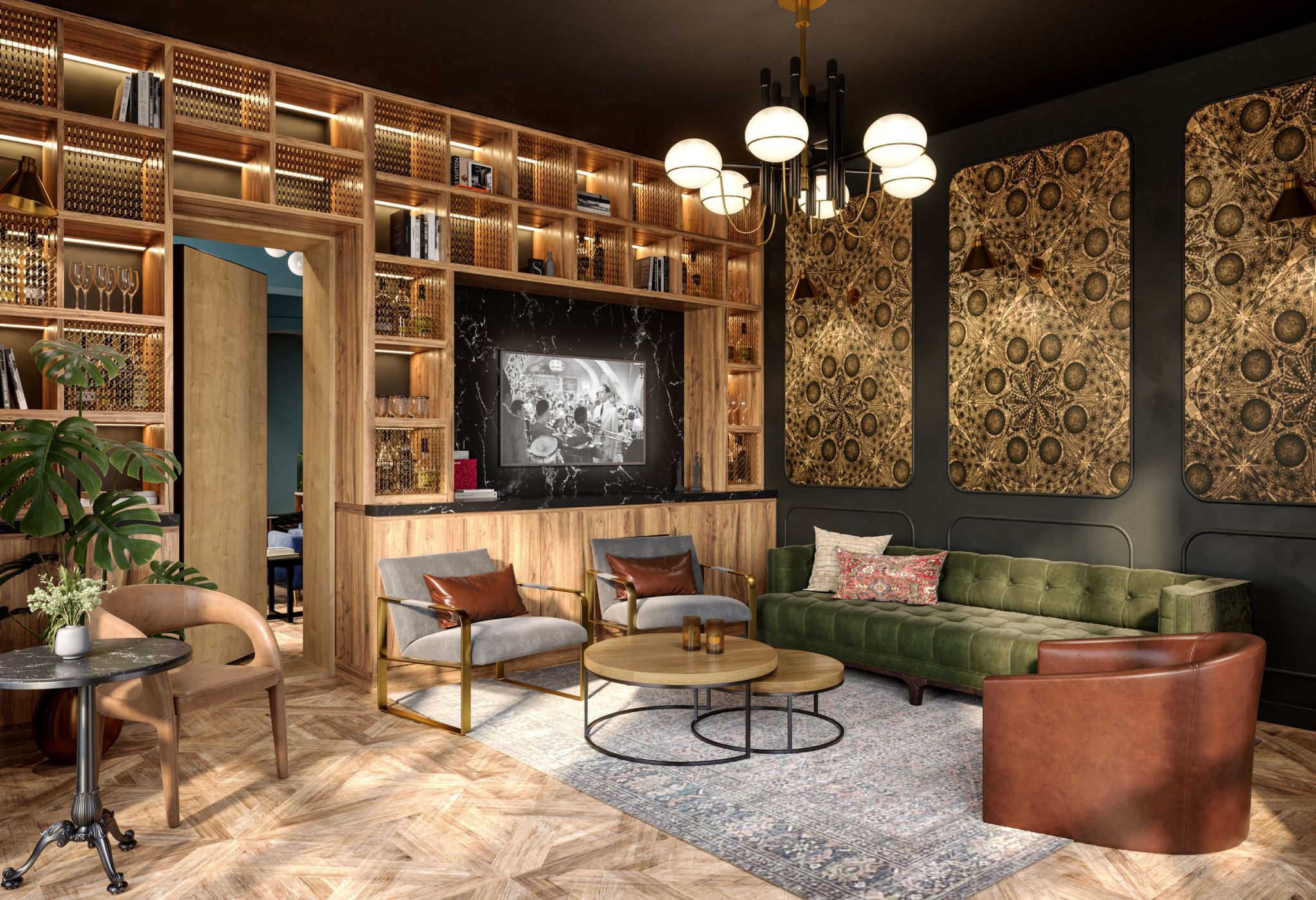 A stylish, resident clubhouse in LOCAL Nashville featuring a green velvet couch, brown leather chair, and two gray cushioned chairs around a wooden coffee table. The room has patterned wall art, a black marble bar, a wooden bookcase, and parquet flooring with an area rug.