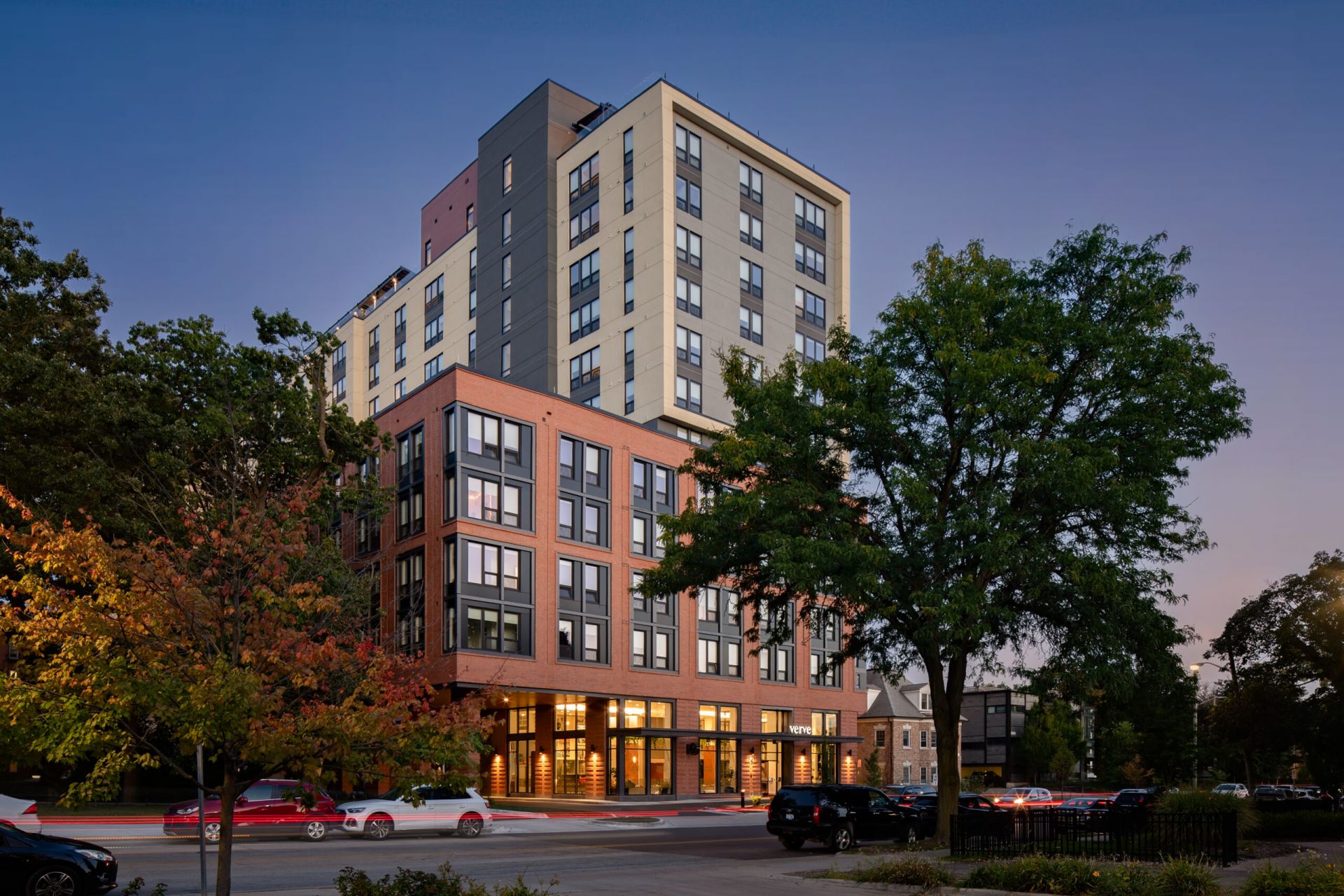 VERVE Ann Arbor student apartments building exterior at twilight
